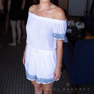 White With Blue Trim Off the Shoulder Romper- pockets